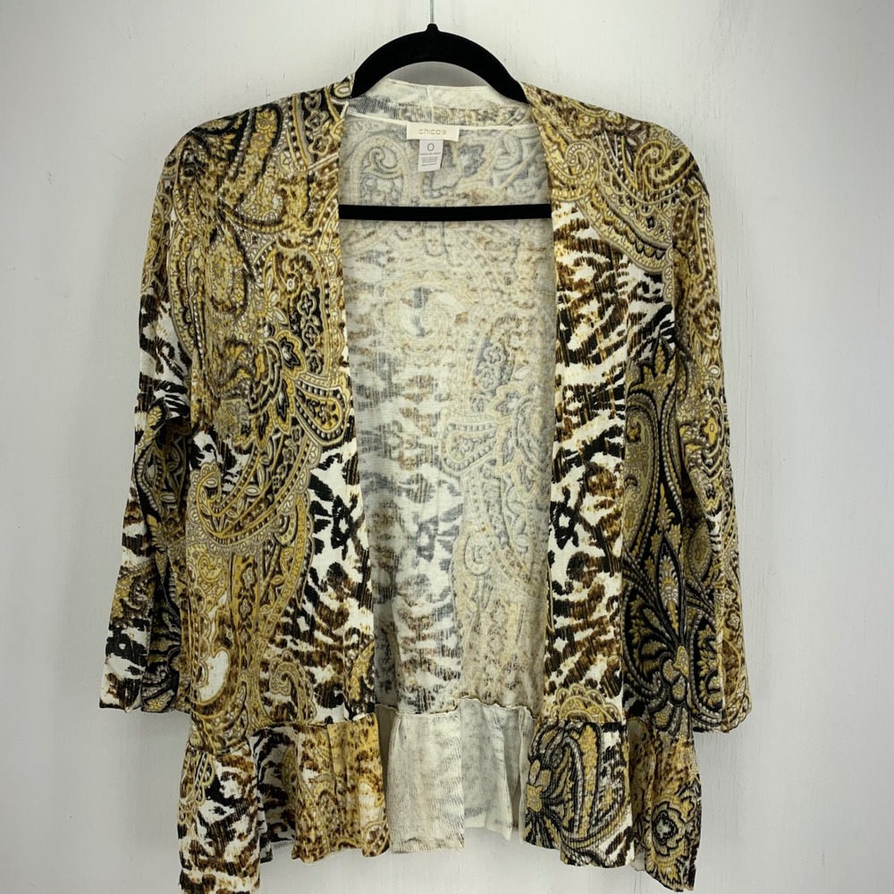 Chicos Paisley Animal Print Open Front Cardigan Peplum Gold Brown Small Boho